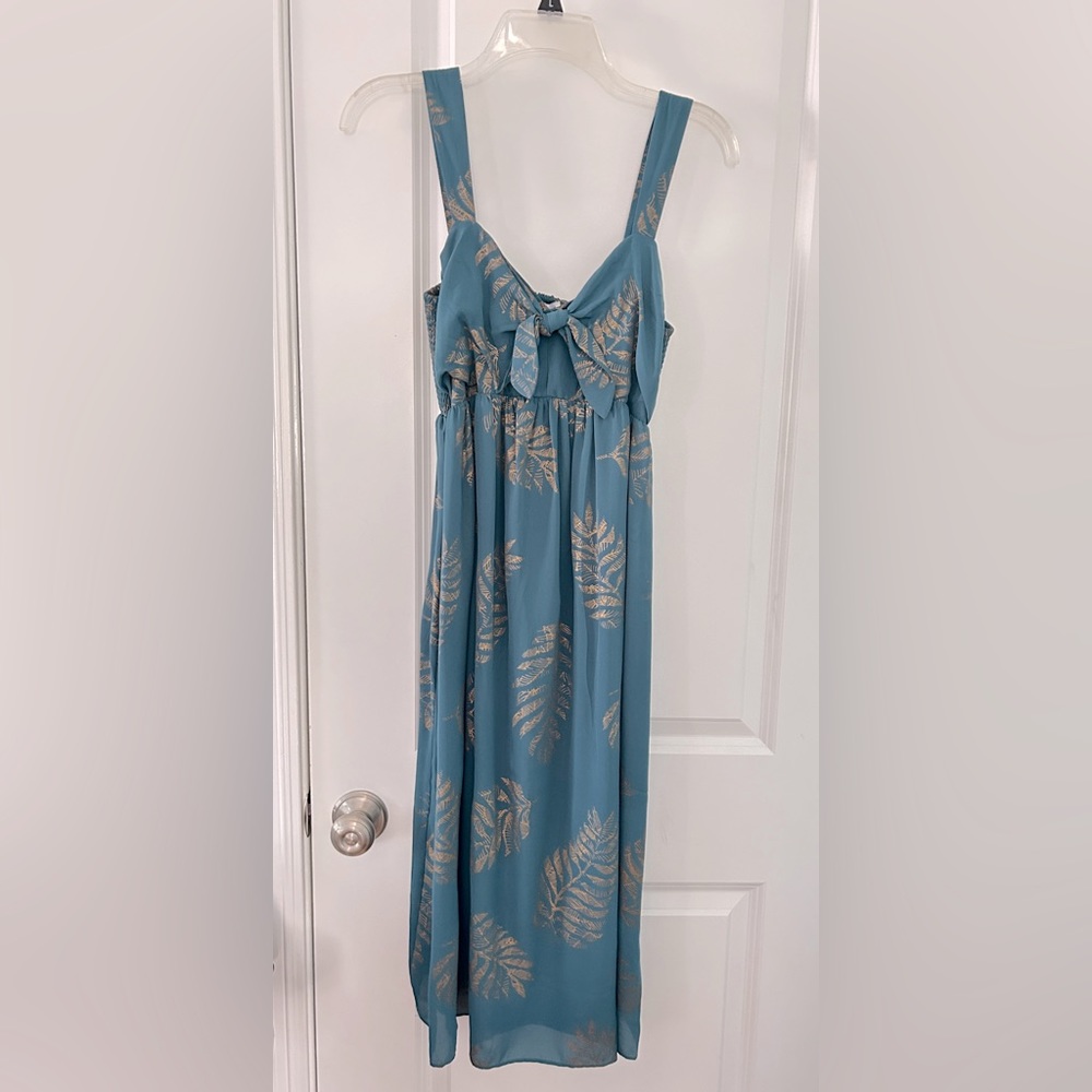 NWT Motherhood Maternity Teal Metallic Gold Leaf Sleeveless Summer Dress Small